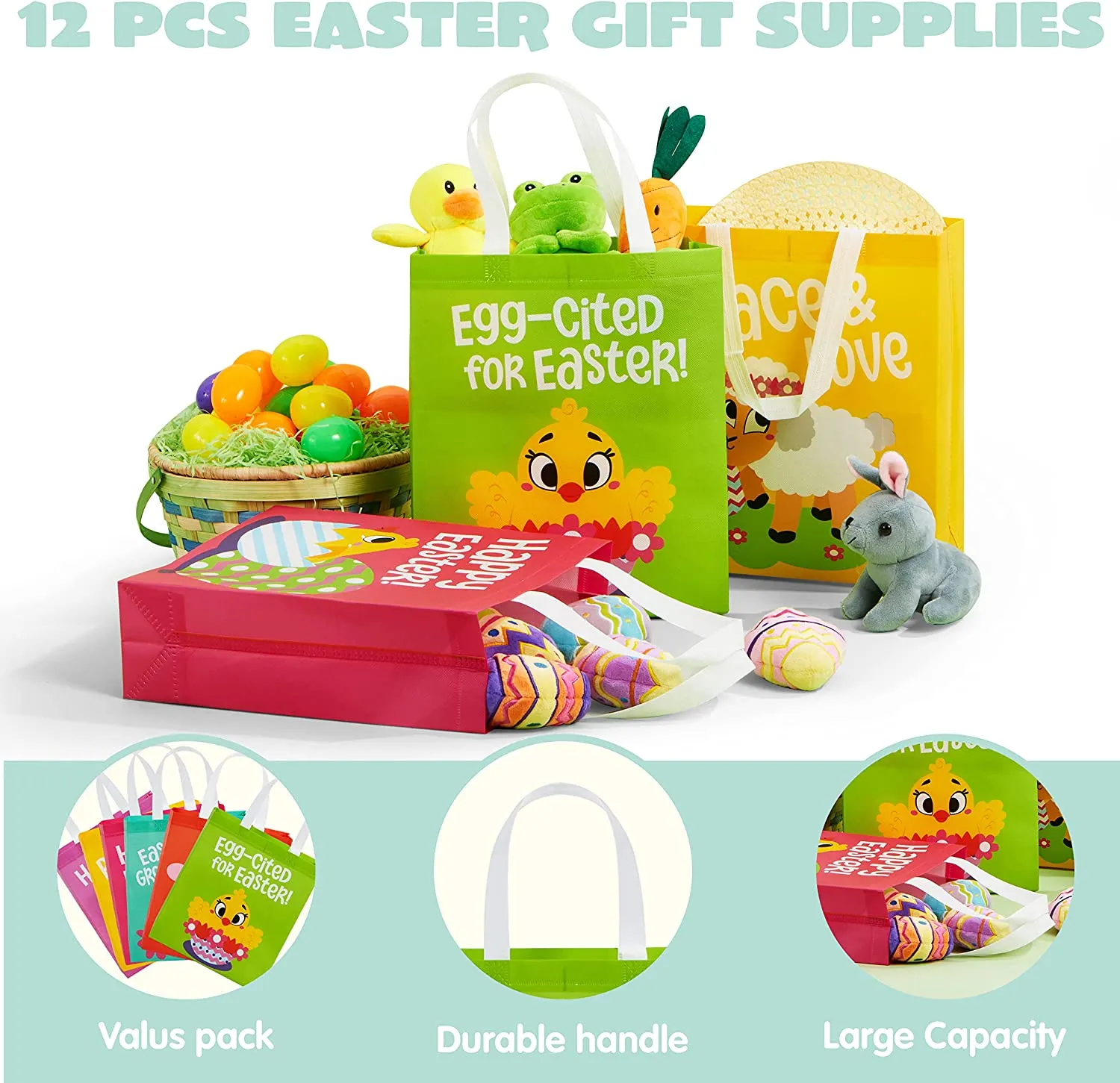 12Pcs Easter Non Woven Tote Bags