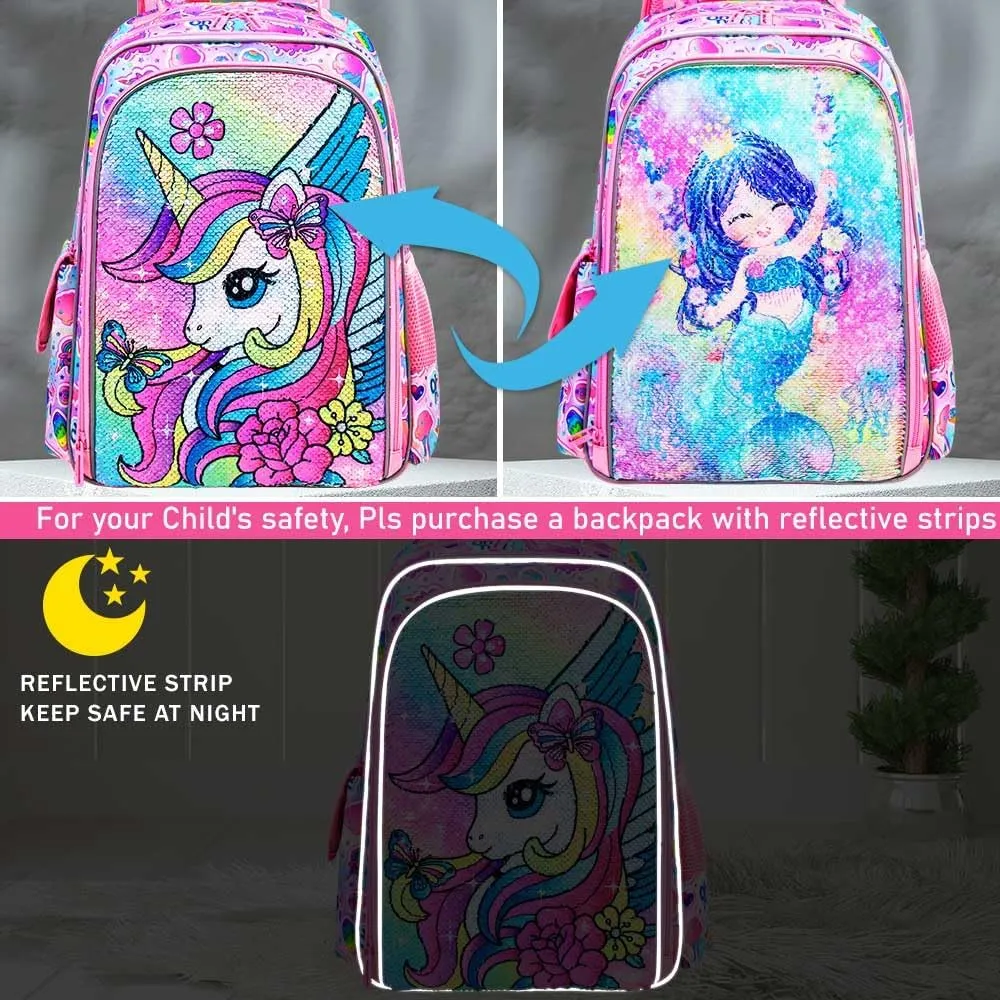 3PCS Unicorn Backpack for Girls, 16" Sequins Bookbag with Lunch BoxKids School Bags for Elementary Preschool Kindergarten (Pink)