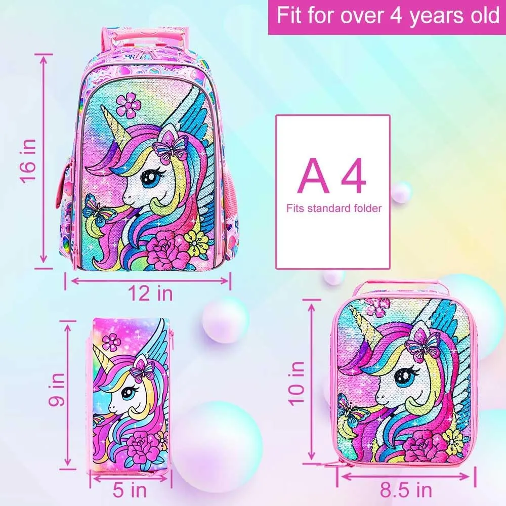3PCS Unicorn Backpack for Girls, 16" Sequins Bookbag with Lunch BoxKids School Bags for Elementary Preschool Kindergarten (Pink)