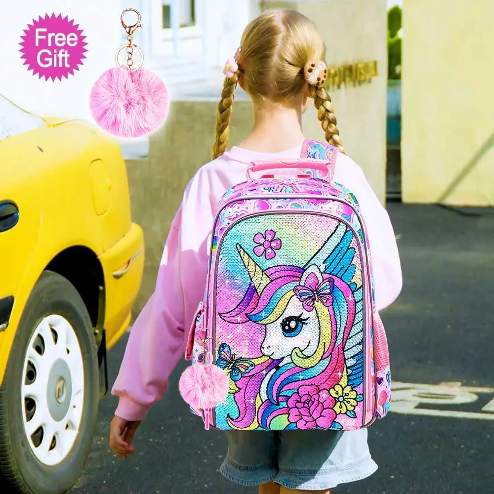 3PCS Unicorn Backpack for Girls, 16" Sequins Bookbag with Lunch BoxKids School Bags for Elementary Preschool Kindergarten (Pink)