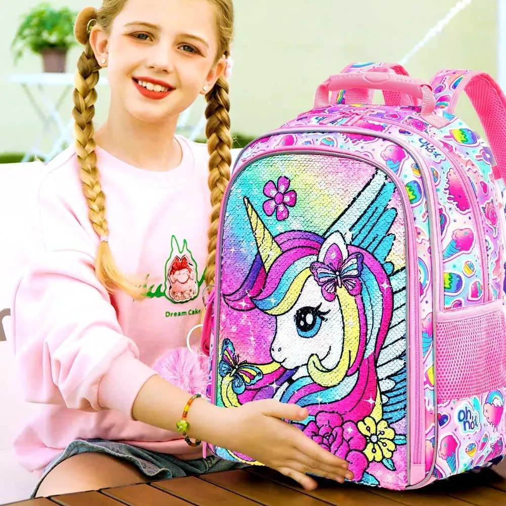3PCS Unicorn Backpack for Girls, 16" Sequins Bookbag with Lunch BoxKids School Bags for Elementary Preschool Kindergarten (Pink)