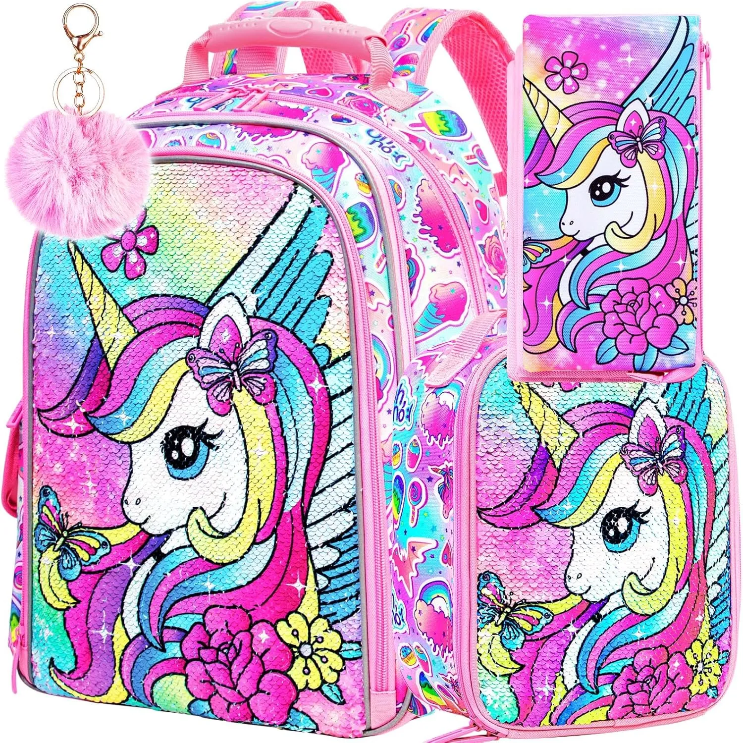 3PCS Unicorn Backpack for Girls, 16" Sequins Bookbag with Lunch BoxKids School Bags for Elementary Preschool Kindergarten (Pink)