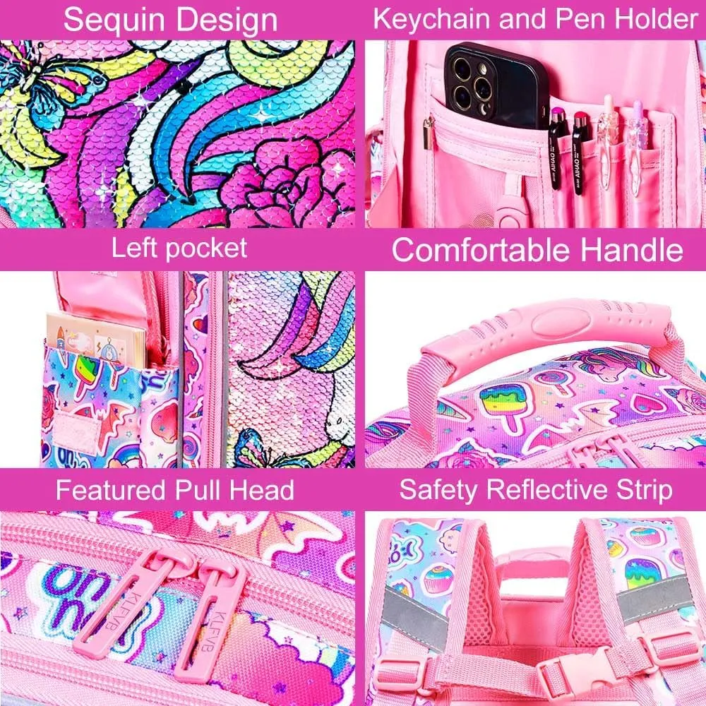 3PCS Unicorn Backpack for Girls, 16" Sequins Bookbag with Lunch BoxKids School Bags for Elementary Preschool Kindergarten (Pink)