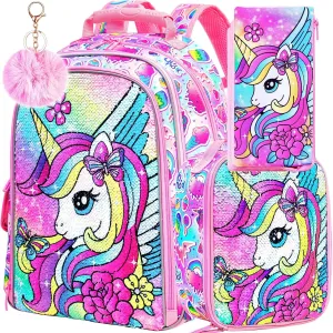3PCS Unicorn Backpack for Girls, 16" Sequins Bookbag with Lunch BoxKids School Bags for Elementary Preschool Kindergarten (Pink)