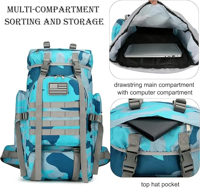 45L Hiking Backpack Camping Rucksack Molle Military Backpack for Outdoor Traveling (Blue Camo)