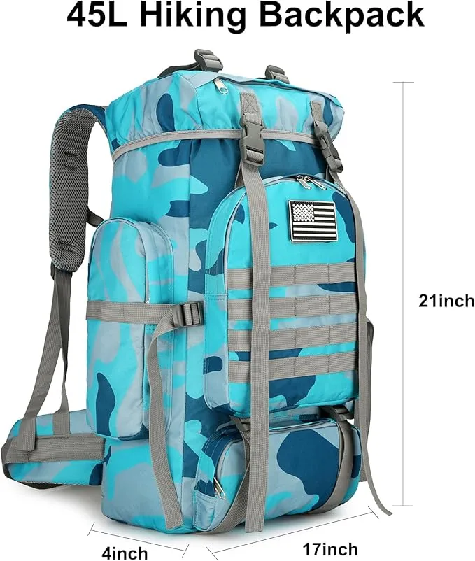 45L Hiking Backpack Camping Rucksack Molle Military Backpack for Outdoor Traveling (Blue Camo)