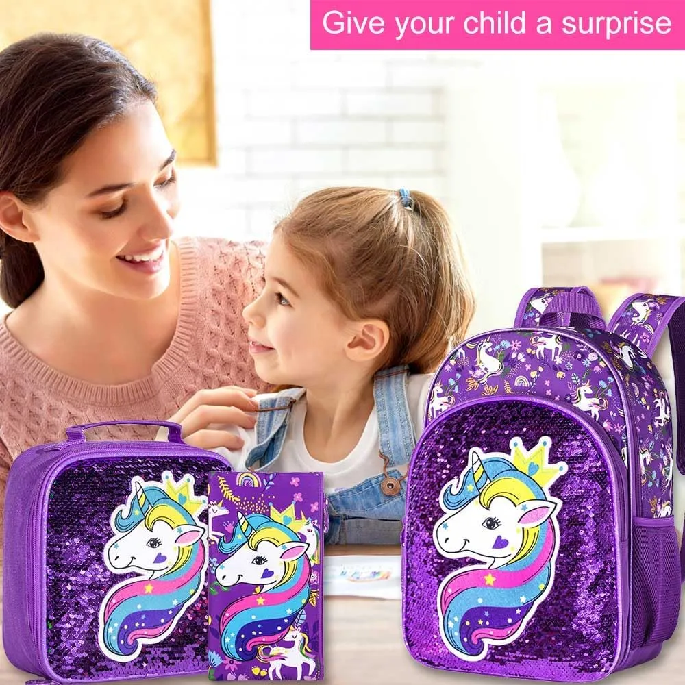 AGSDON 3PCS Backpacks for Kids, 16" Little Kid Preschool School Bookbag and Lunch Box - Unicorn/Mermaid/Flamingo/Dinosaur