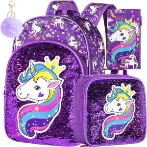 AGSDON 3PCS Backpacks for Kids, 16" Little Kid Preschool School Bookbag and Lunch Box - Unicorn/Mermaid/Flamingo/Dinosaur