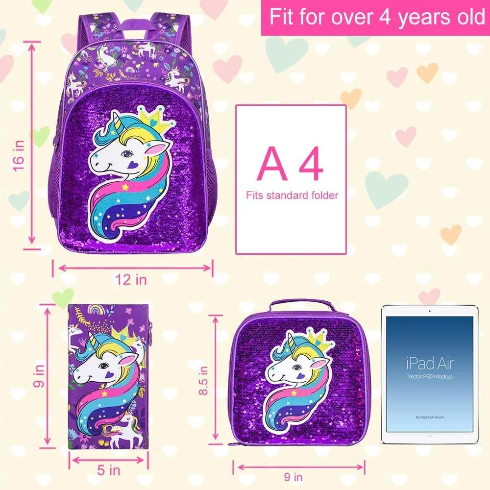 AGSDON 3PCS Backpacks for Kids, 16" Little Kid Preschool School Bookbag and Lunch Box - Unicorn/Mermaid/Flamingo/Dinosaur