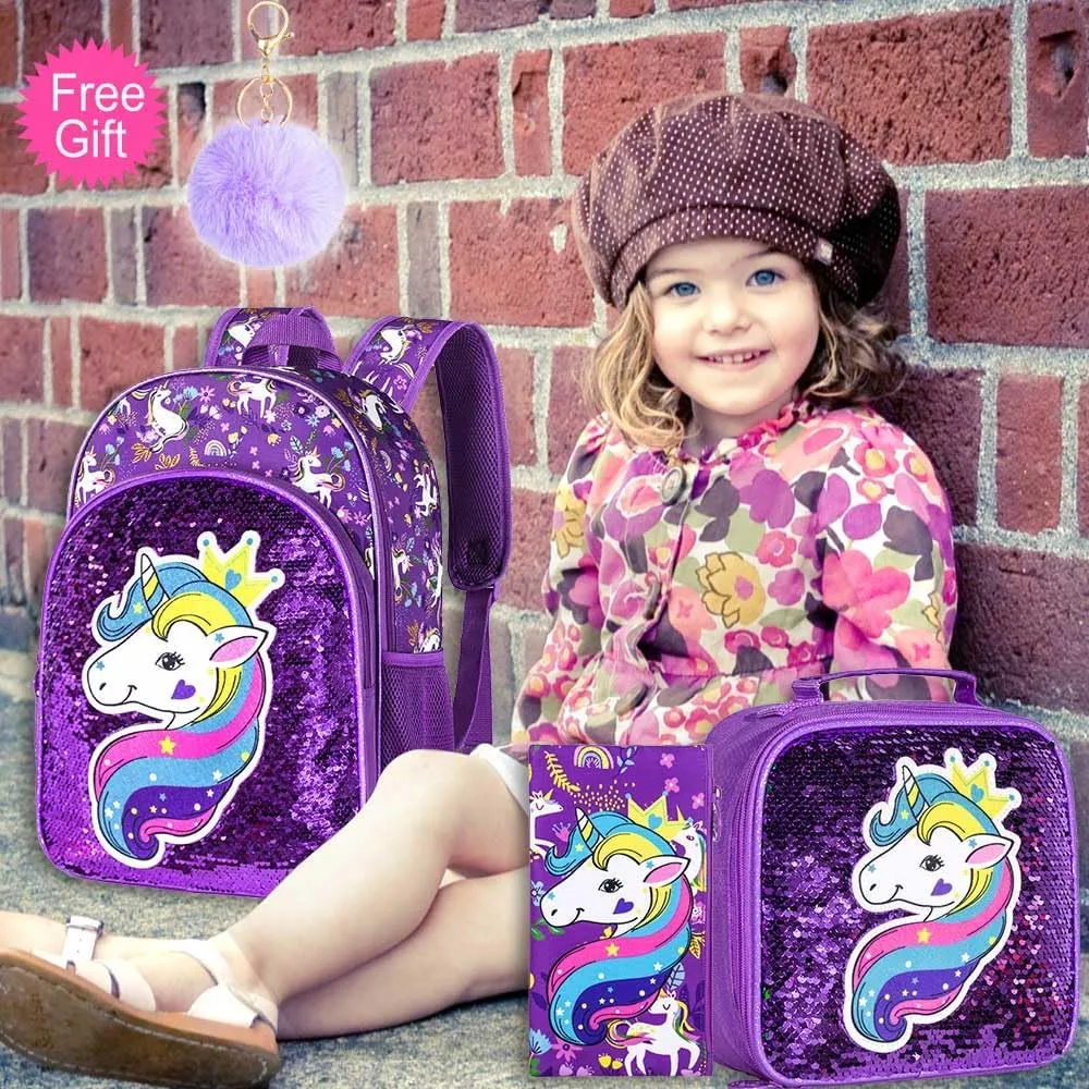 AGSDON 3PCS Backpacks for Kids, 16" Little Kid Preschool School Bookbag and Lunch Box - Unicorn/Mermaid/Flamingo/Dinosaur