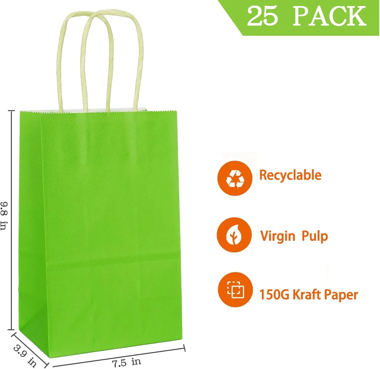 AZOWA Gift Bags Green Kraft Paper Bags With Handles (9.8 x 7.5 x 3.9 in, Green, 25 Pcs)