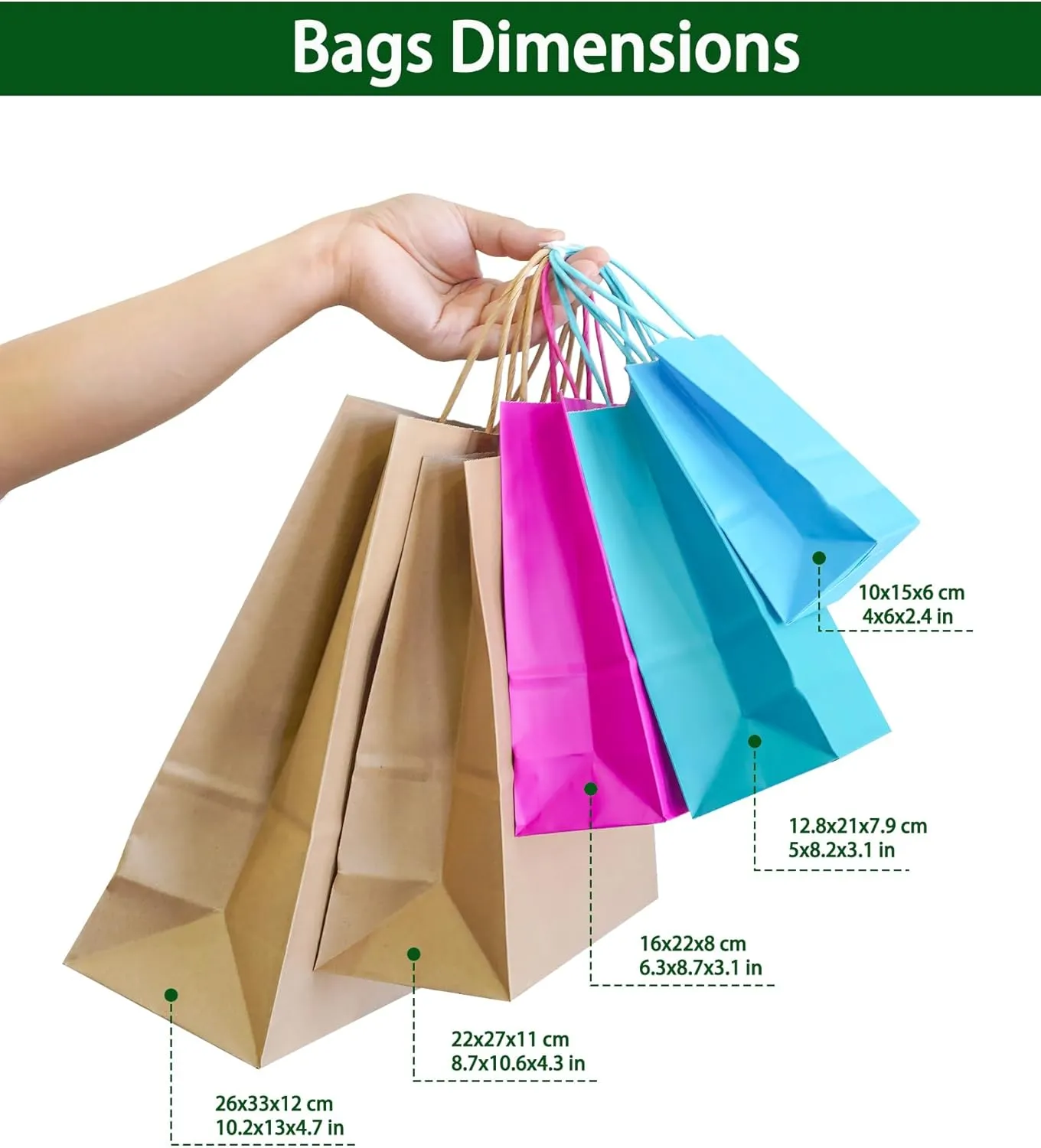 AZOWA Gift Bags Green Kraft Paper Bags With Handles (9.8 x 7.5 x 3.9 in, Green, 25 Pcs)