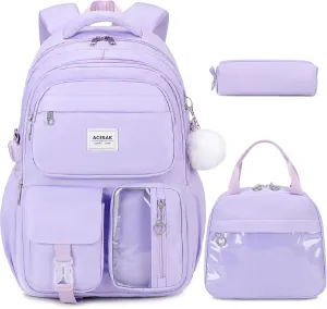 Backpack for Girls - Girls Backpack with Lunch Bag & Pencil Pouch for Teen Kids Laptop Backpack for Women, Elementary Middle High School Bookbag Travel Daypack (Purple)