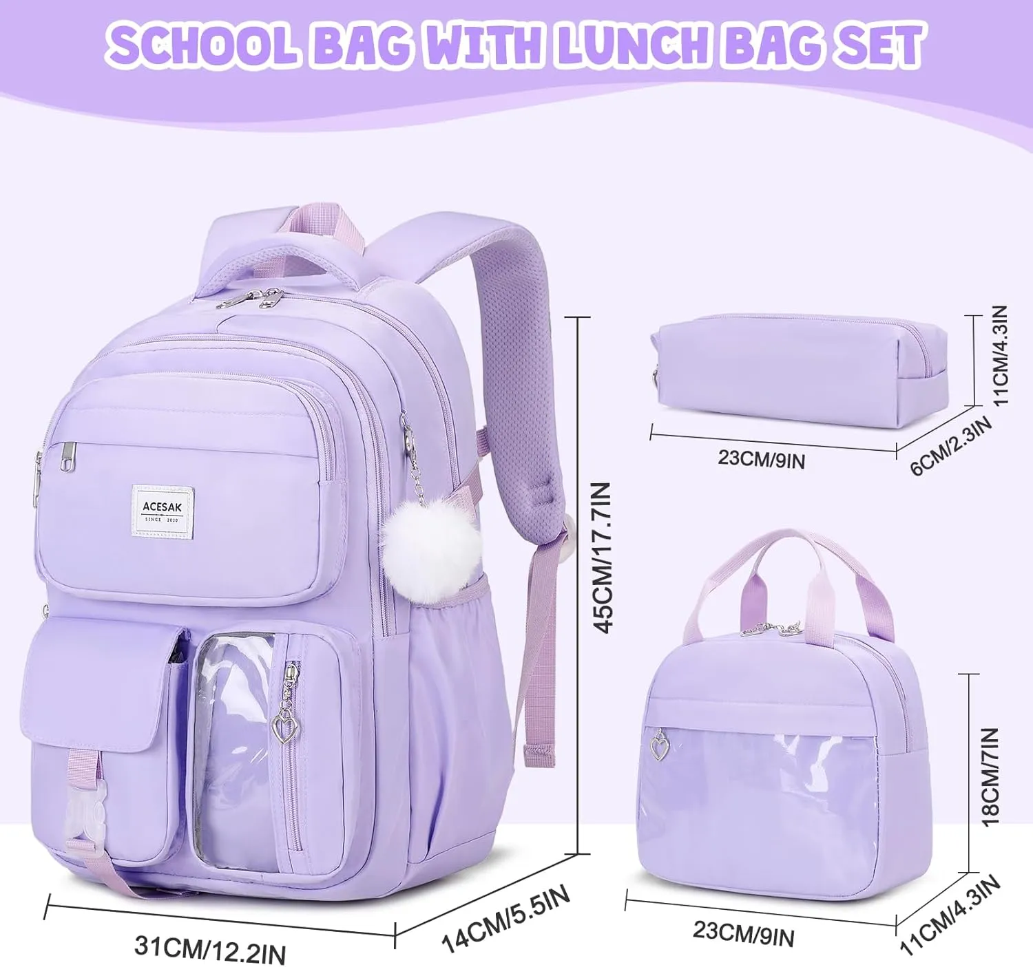 Backpack for Girls - Girls Backpack with Lunch Bag & Pencil Pouch for Teen Kids Laptop Backpack for Women, Elementary Middle High School Bookbag Travel Daypack (Purple)