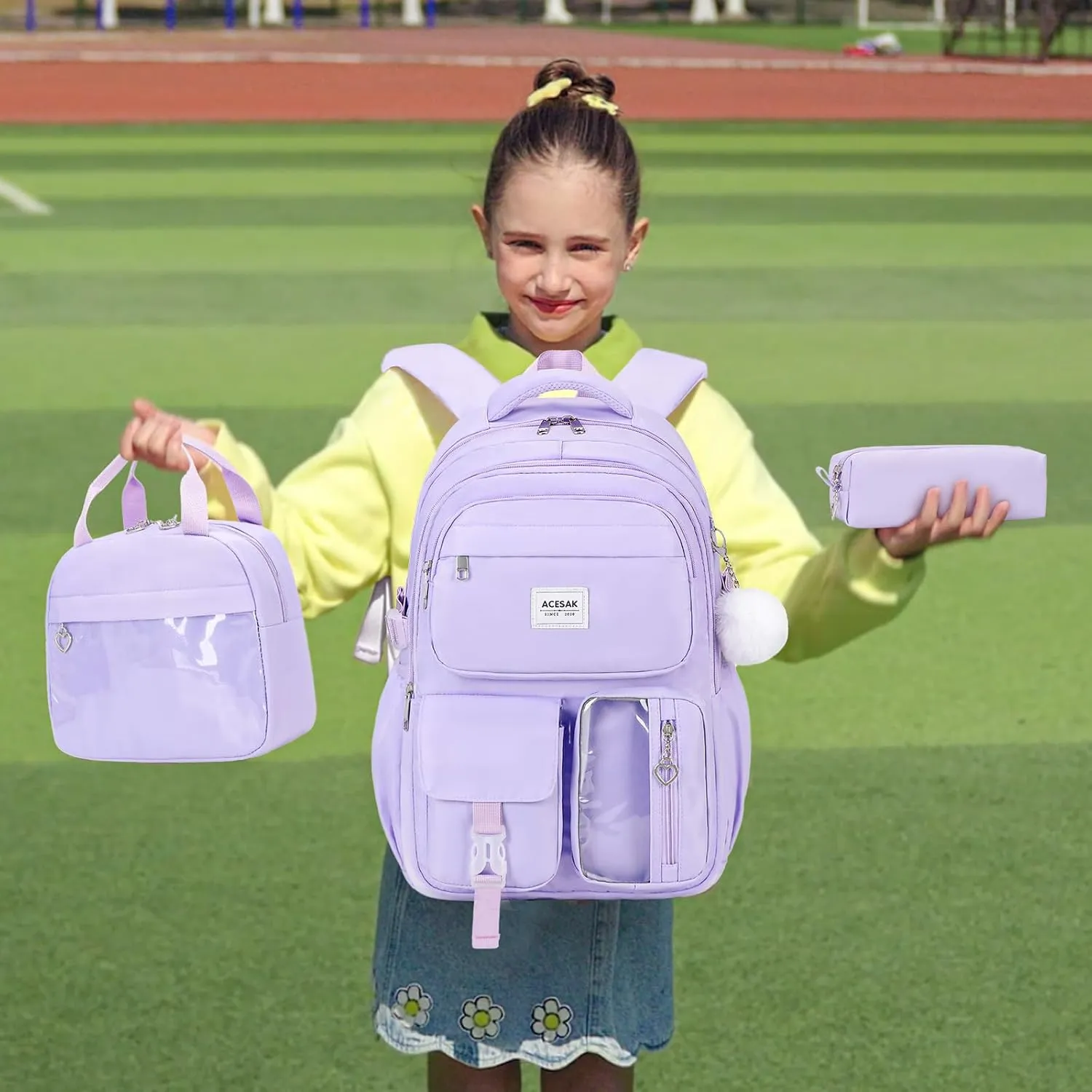 Backpack for Girls - Girls Backpack with Lunch Bag & Pencil Pouch for Teen Kids Laptop Backpack for Women, Elementary Middle High School Bookbag Travel Daypack (Purple)