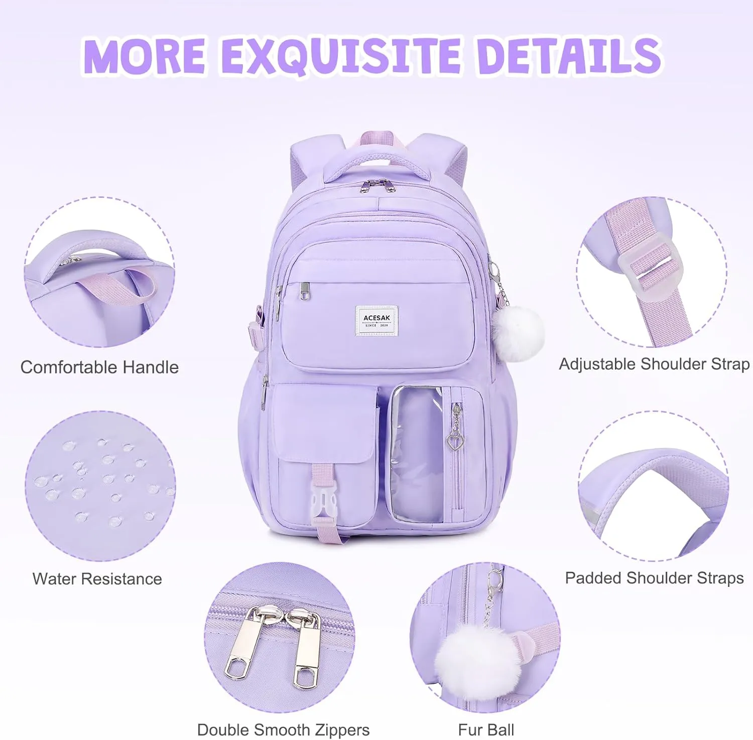 Backpack for Girls - Girls Backpack with Lunch Bag & Pencil Pouch for Teen Kids Laptop Backpack for Women, Elementary Middle High School Bookbag Travel Daypack (Purple)