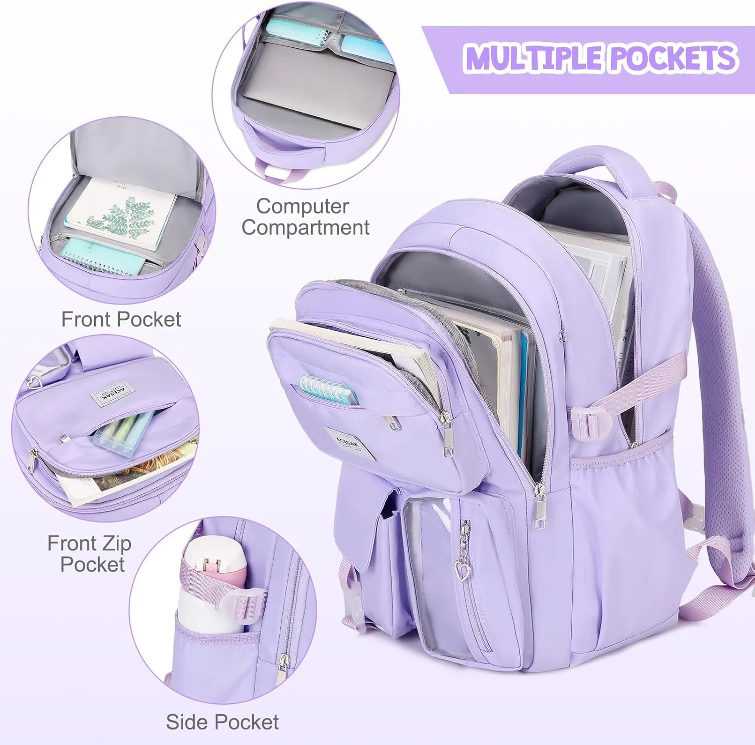 Backpack for Girls - Girls Backpack with Lunch Bag & Pencil Pouch for Teen Kids Laptop Backpack for Women, Elementary Middle High School Bookbag Travel Daypack (Purple)