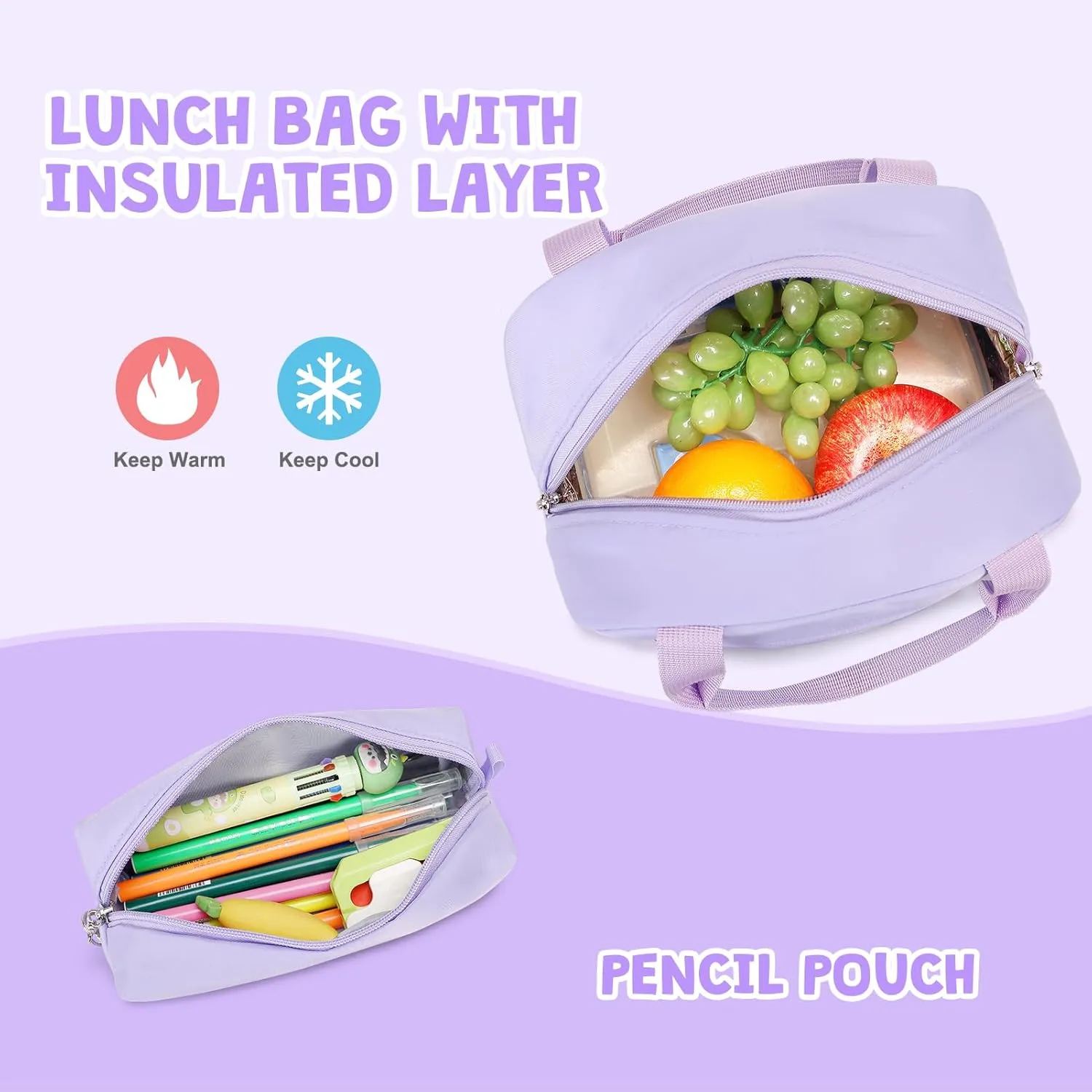 Backpack for Girls - Girls Backpack with Lunch Bag & Pencil Pouch for Teen Kids Laptop Backpack for Women, Elementary Middle High School Bookbag Travel Daypack (Purple)