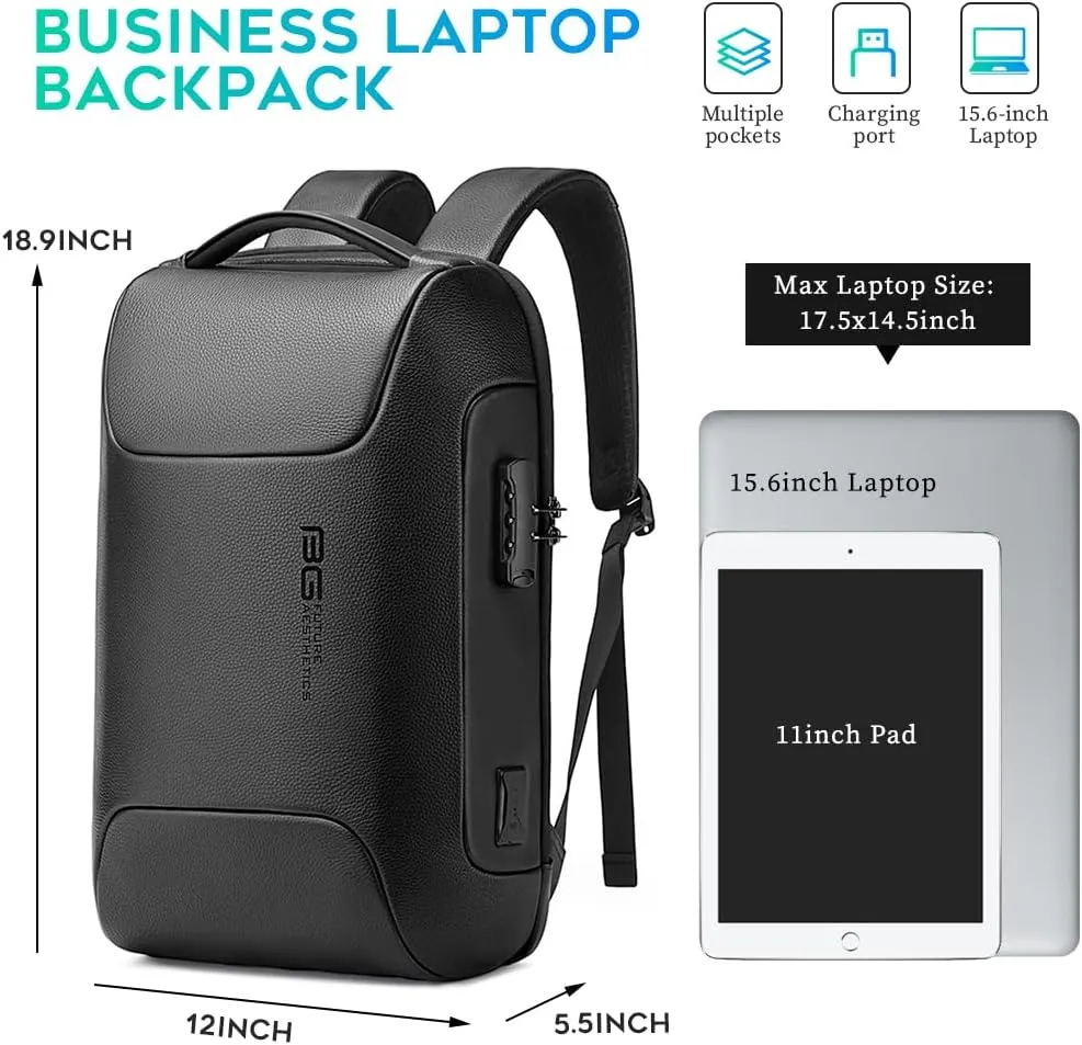 BANGE Black Genuine Leather Laptop Backpack for MenAnti Theft Business Backpack with USB3.0 Charging Port, Smart Professional Lightweight Travel Backpacks for 15.6 Inch Laptop