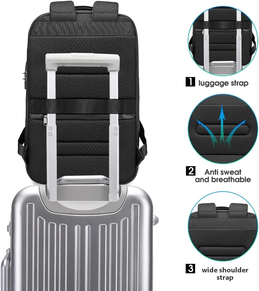 BANGE Black Genuine Leather Laptop Backpack for MenAnti Theft Business Backpack with USB3.0 Charging Port, Smart Professional Lightweight Travel Backpacks for 15.6 Inch Laptop