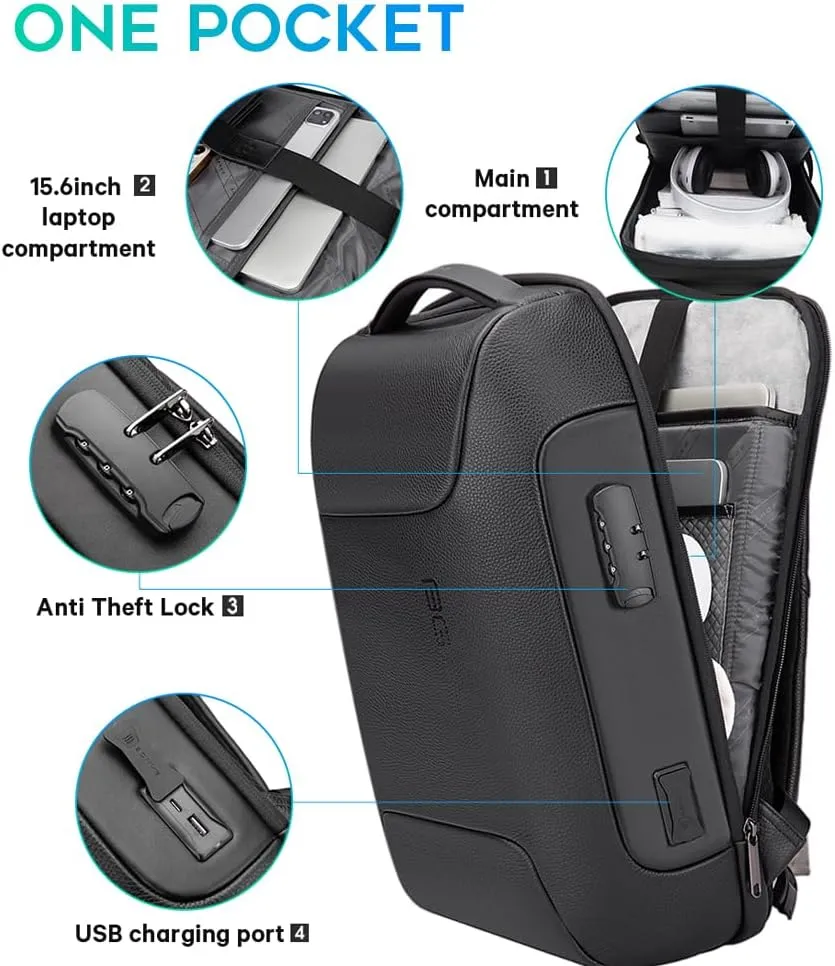 BANGE Black Genuine Leather Laptop Backpack for MenAnti Theft Business Backpack with USB3.0 Charging Port, Smart Professional Lightweight Travel Backpacks for 15.6 Inch Laptop
