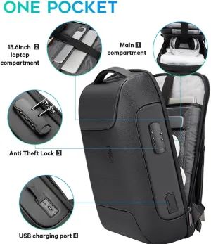 BANGE Black Genuine Leather Laptop Backpack for MenAnti Theft Business Backpack with USB3.0 Charging Port, Smart Professional Lightweight Travel Backpacks for 15.6 Inch Laptop