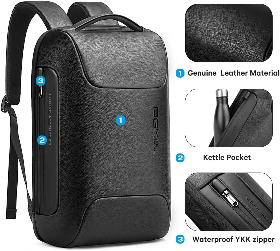 BANGE Black Genuine Leather Laptop Backpack for MenAnti Theft Business Backpack with USB3.0 Charging Port, Smart Professional Lightweight Travel Backpacks for 15.6 Inch Laptop