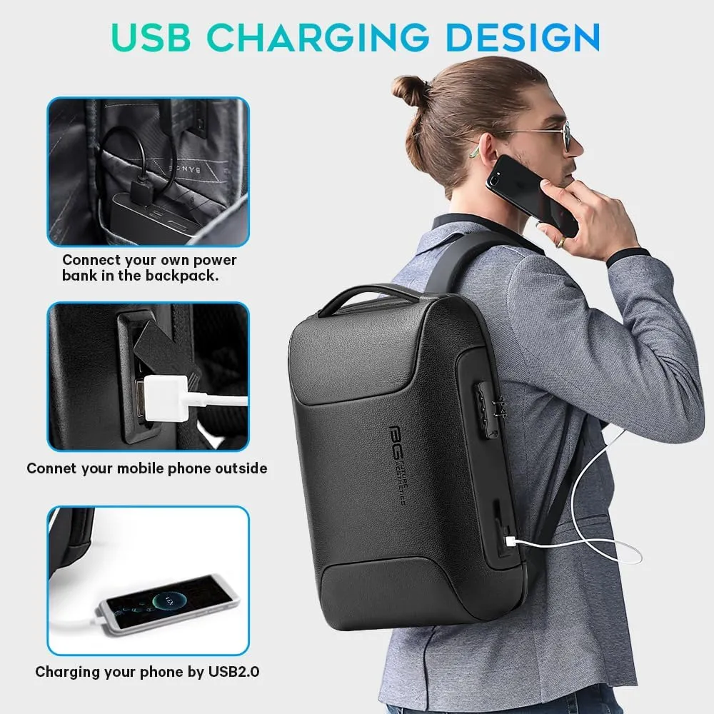 BANGE Black Genuine Leather Laptop Backpack for MenAnti Theft Business Backpack with USB3.0 Charging Port, Smart Professional Lightweight Travel Backpacks for 15.6 Inch Laptop