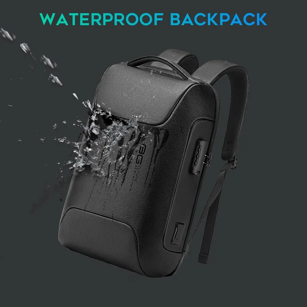 BANGE Black Genuine Leather Laptop Backpack for MenAnti Theft Business Backpack with USB3.0 Charging Port, Smart Professional Lightweight Travel Backpacks for 15.6 Inch Laptop