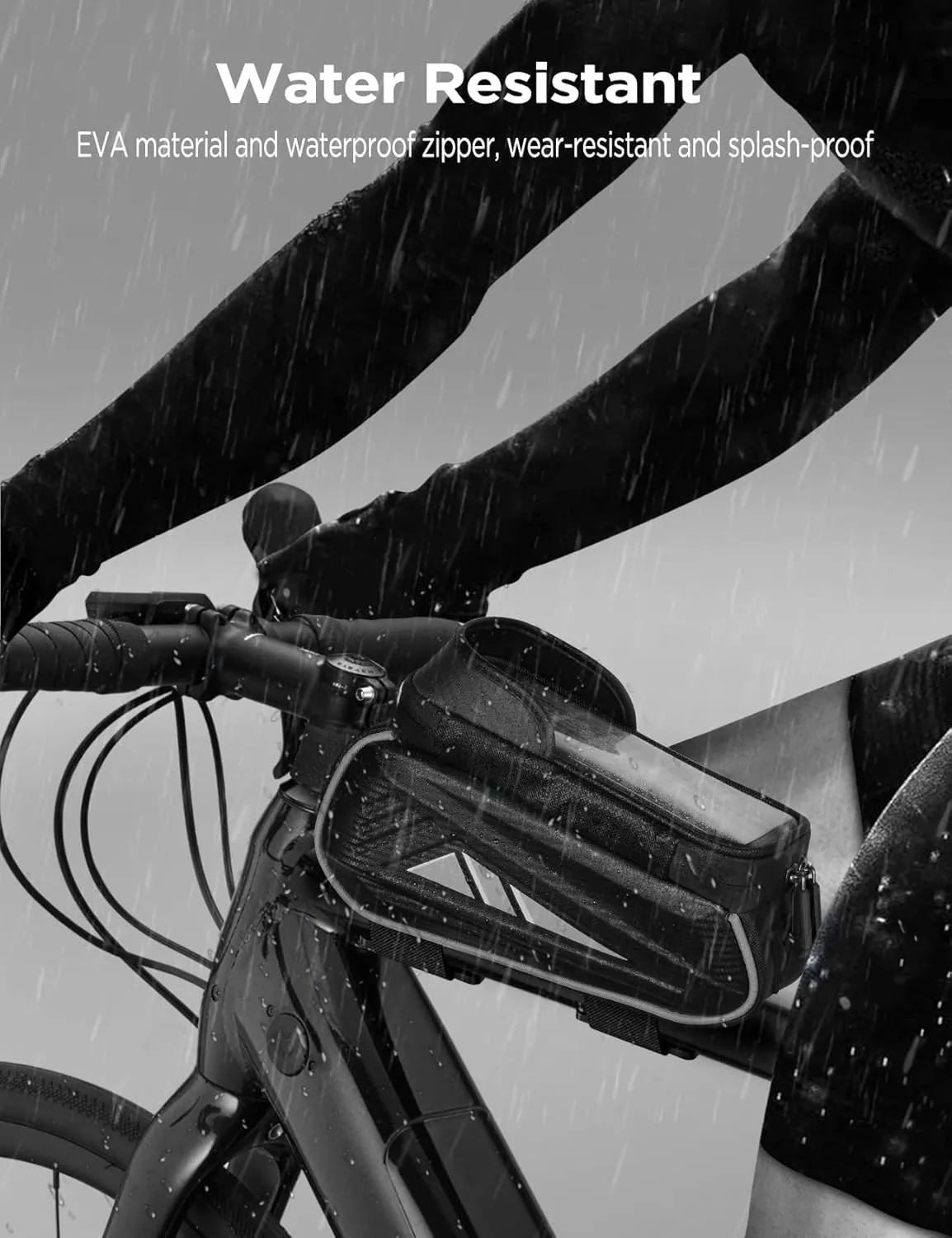 Bike Phone Holder Bag, EVA Waterproof Bicycle Front Frame Bag, Bike Accessories Cycling Pouch with Sensitive TPU Touch-Screen, Bicycle Phone Mount with Rain Cover for Phone under 6.5"(Sliver,6.5 inch)