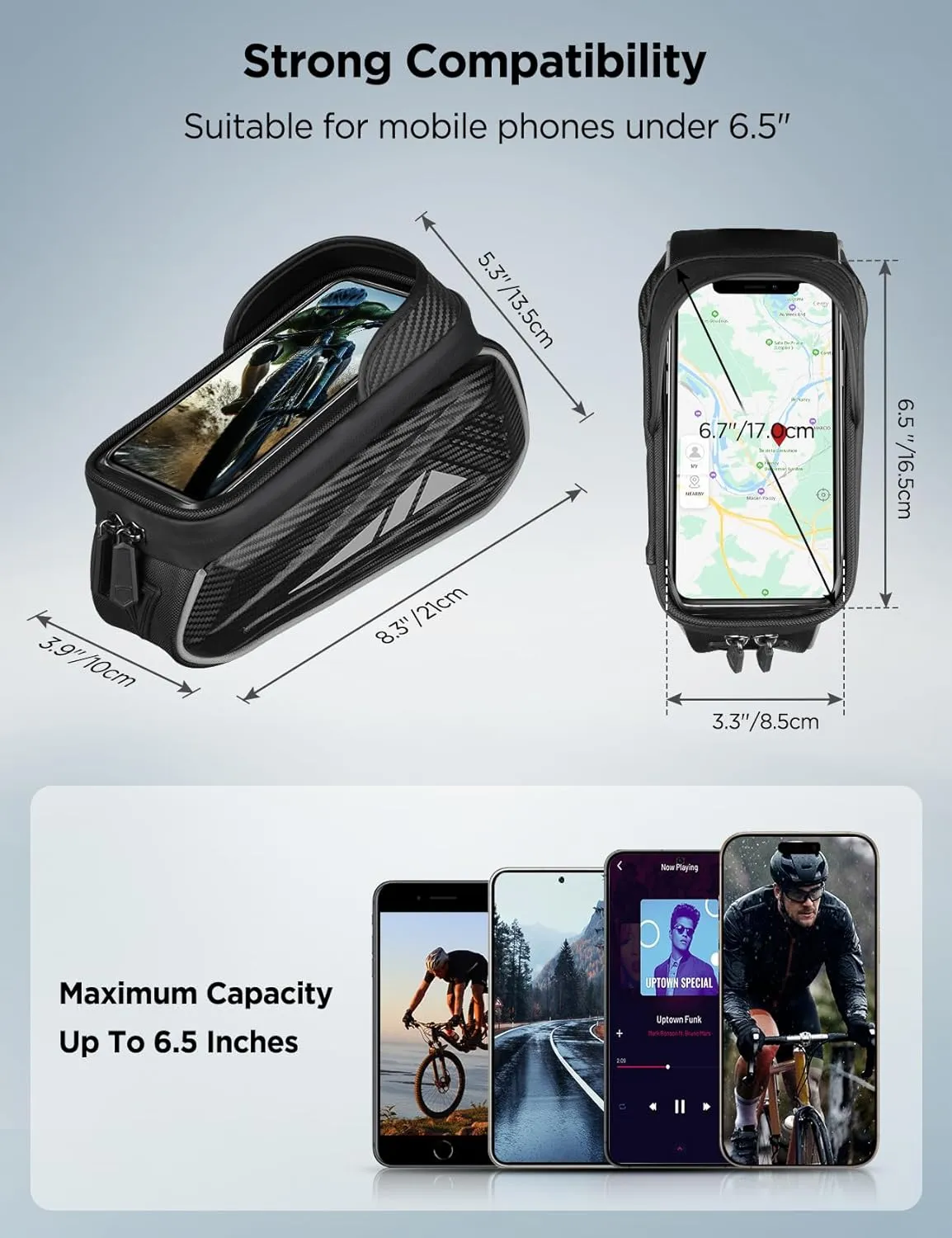 Bike Phone Holder Bag, EVA Waterproof Bicycle Front Frame Bag, Bike Accessories Cycling Pouch with Sensitive TPU Touch-Screen, Bicycle Phone Mount with Rain Cover for Phone under 6.5"(Sliver,6.5 inch)