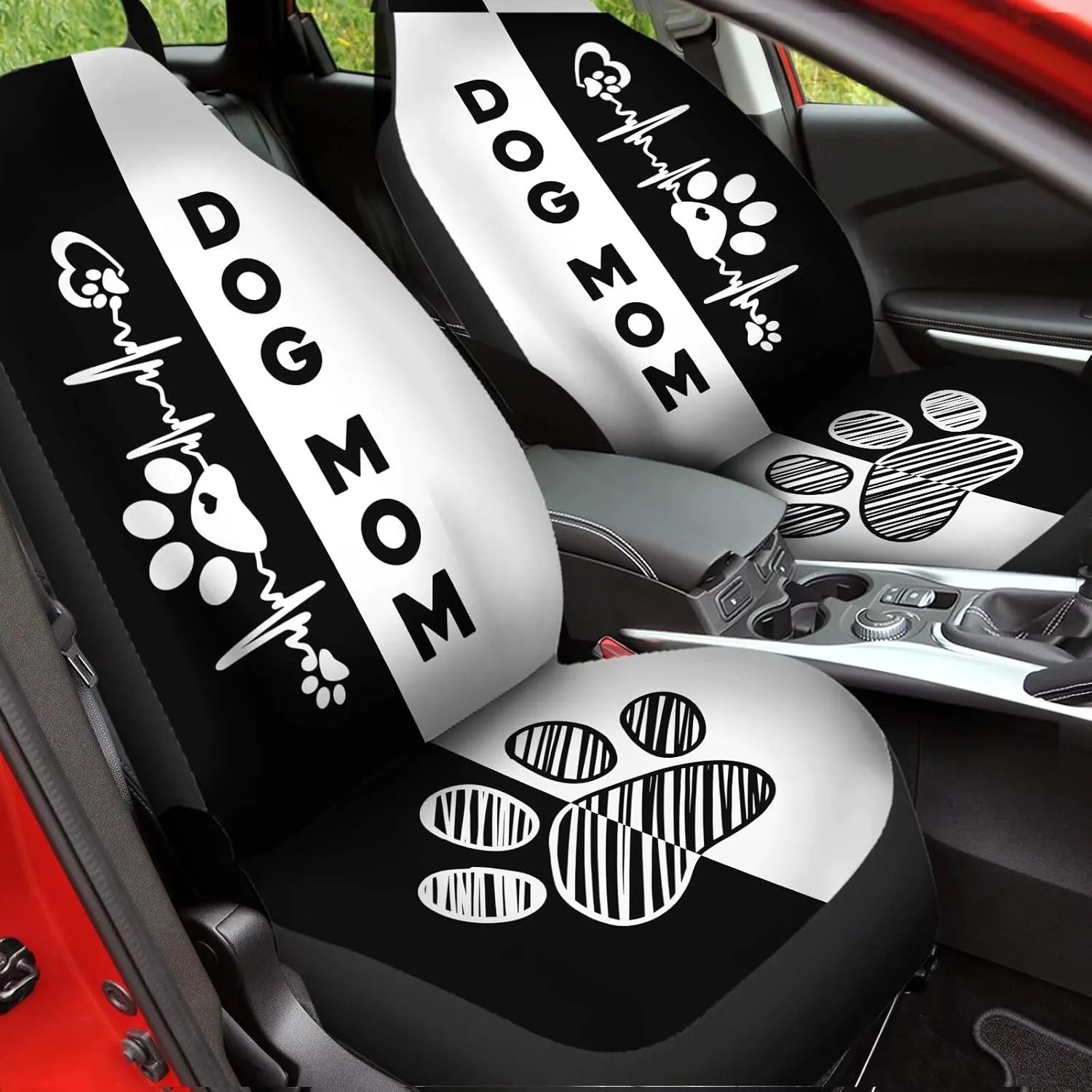 Black & White Dog Paw Printed Car Seat Cover Only for Front, 2-Piece Waterproof Soft Vehicle Bucket Seat Protetors Fits for Car SUV Sedan Truck
