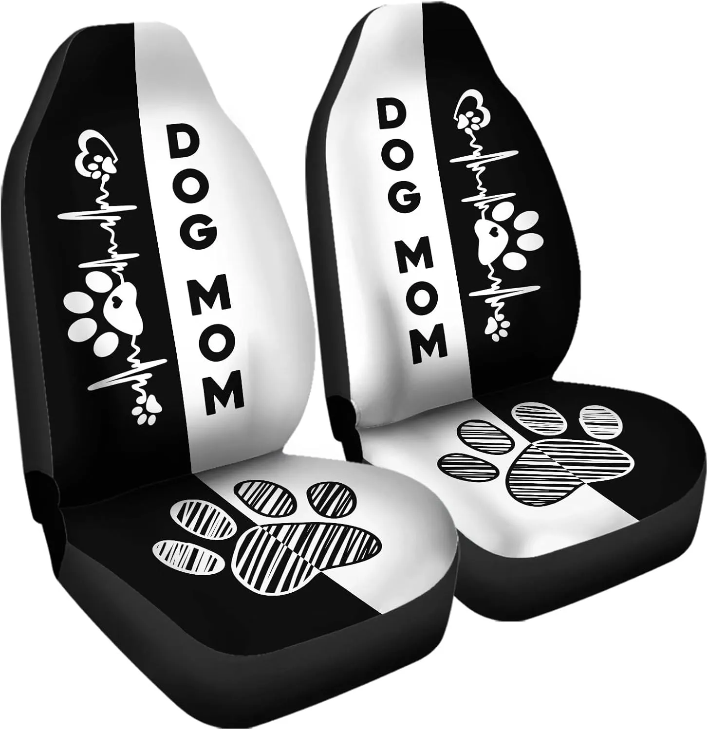 Black & White Dog Paw Printed Car Seat Cover Only for Front, 2-Piece Waterproof Soft Vehicle Bucket Seat Protetors Fits for Car SUV Sedan Truck