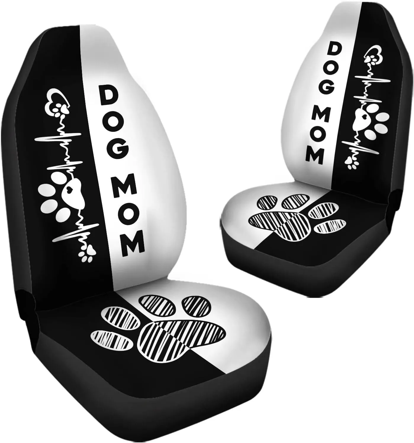 Black & White Dog Paw Printed Car Seat Cover Only for Front, 2-Piece Waterproof Soft Vehicle Bucket Seat Protetors Fits for Car SUV Sedan Truck