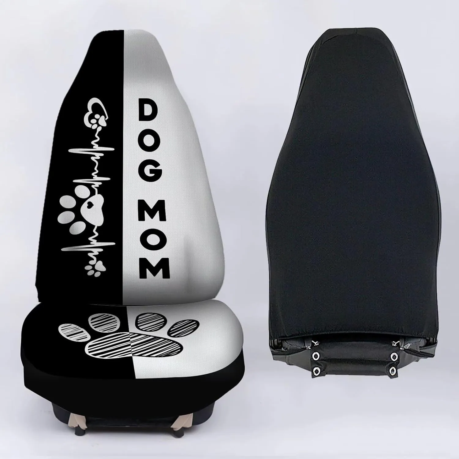 Black & White Dog Paw Printed Car Seat Cover Only for Front, 2-Piece Waterproof Soft Vehicle Bucket Seat Protetors Fits for Car SUV Sedan Truck