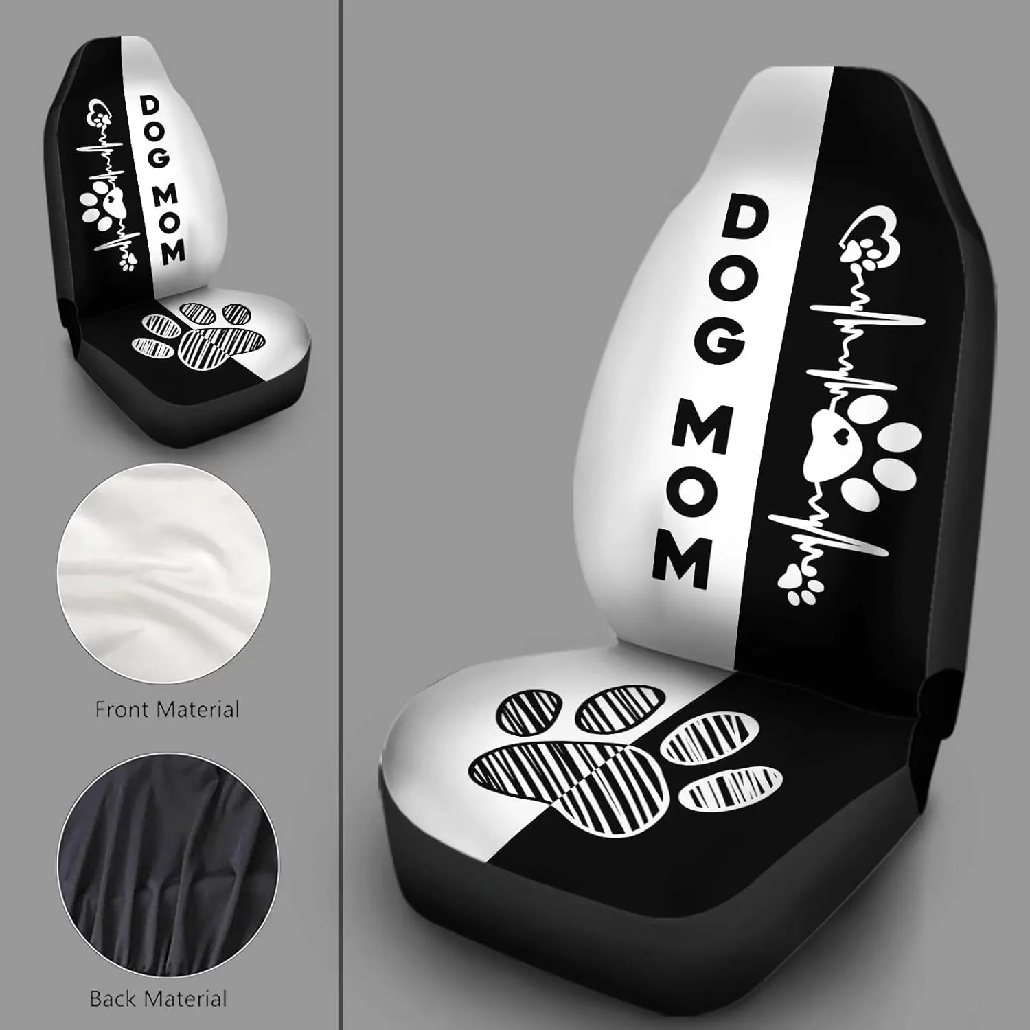 Black & White Dog Paw Printed Car Seat Cover Only for Front, 2-Piece Waterproof Soft Vehicle Bucket Seat Protetors Fits for Car SUV Sedan Truck