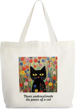Cat Tote Bag for Women, Never Underestimate The Power Of A Cat Canvas Tote, Cat Lover Gift Bag, Floral Black Cat Library Book Bag, Inspirational Shoulder Bag Gifts for Cat Lovers Cat Mom Friends -68