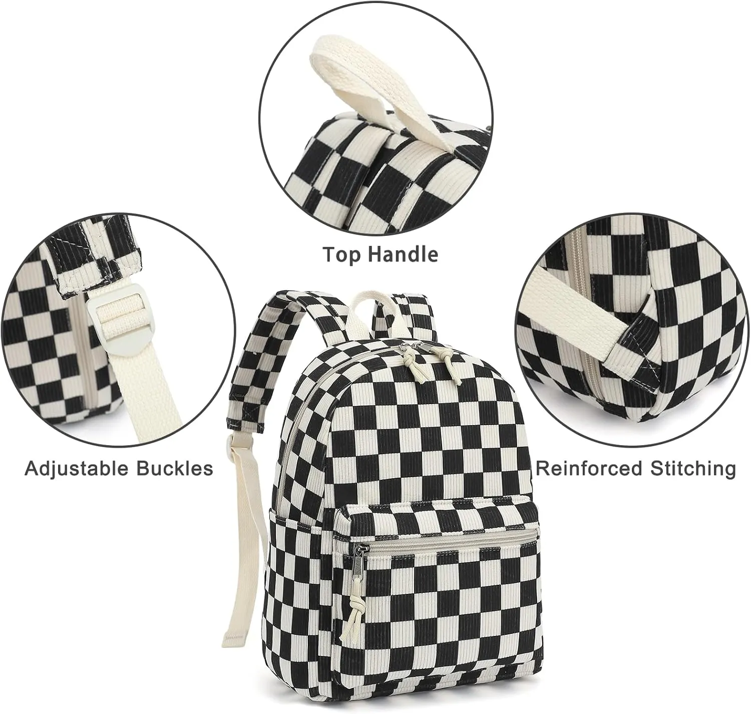 Corduroy Mini Backpack Purse Fashion Small Backpack Casual Daypack for Women Girls School Travel (Checkered Black)