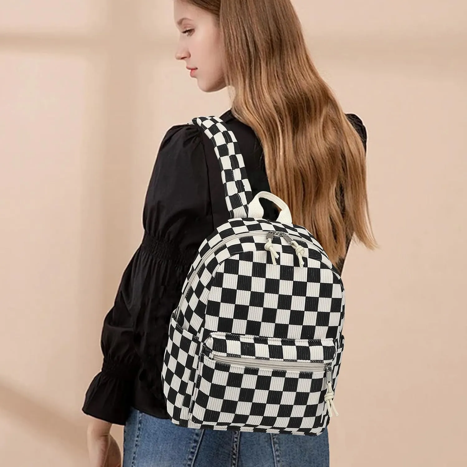 Corduroy Mini Backpack Purse Fashion Small Backpack Casual Daypack for Women Girls School Travel (Checkered Black)