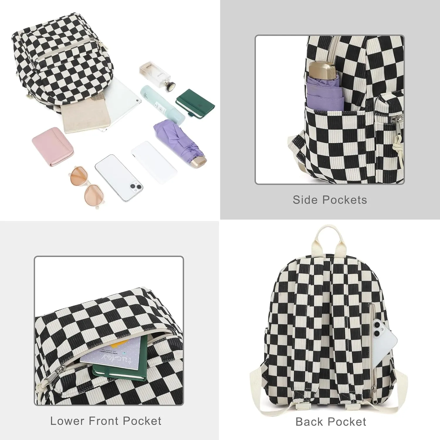 Corduroy Mini Backpack Purse Fashion Small Backpack Casual Daypack for Women Girls School Travel (Checkered Black)