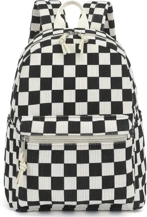 Corduroy Mini Backpack Purse Fashion Small Backpack Casual Daypack for Women Girls School Travel (Checkered Black)