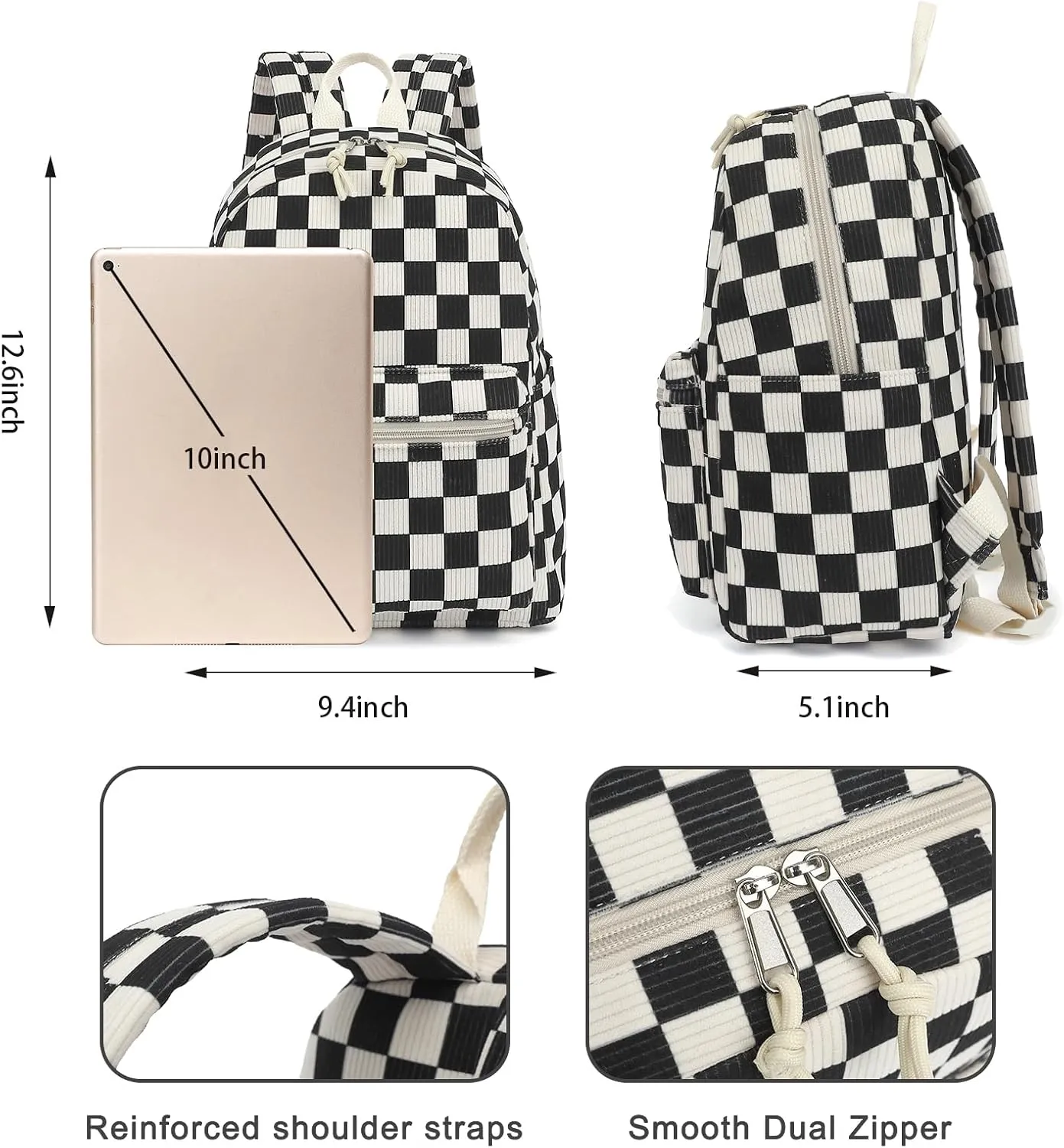Corduroy Mini Backpack Purse Fashion Small Backpack Casual Daypack for Women Girls School Travel (Checkered Black)