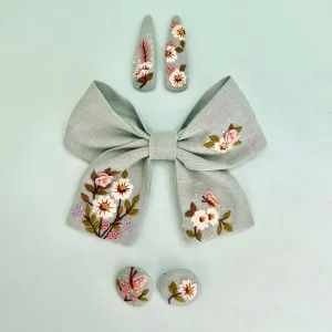 Cotton Linen Hair Clip Set | Bow Clip, Hair Pin & Hair Ties | Sea Green | Set of 3
