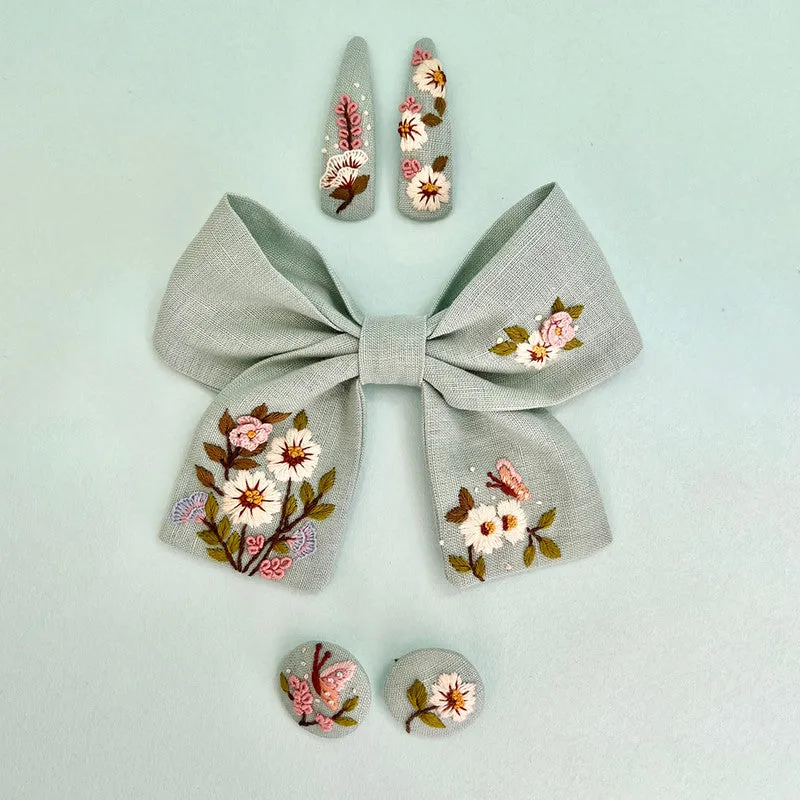 Cotton Linen Hair Clip Set | Bow Clip, Hair Pin & Hair Ties | Sea Green | Set of 3