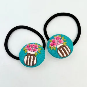 Cotton Linen Hair Ties | Embroidered | Teal Green