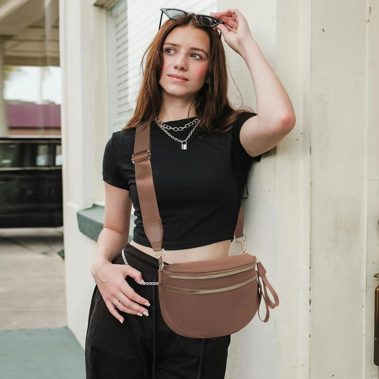 Crossbody Bags Bum Bag for Women Large Sling Bag Purse with Adjustable StrapCaramel