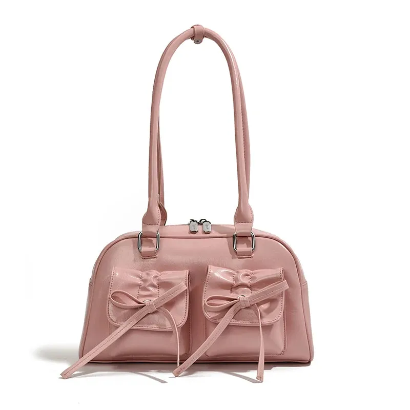 Cute Bow Tie Design Underarm Bags for Women 2024 Y2K Korean Fashion Handbags and Purses Pu Leather Shoulder Bag