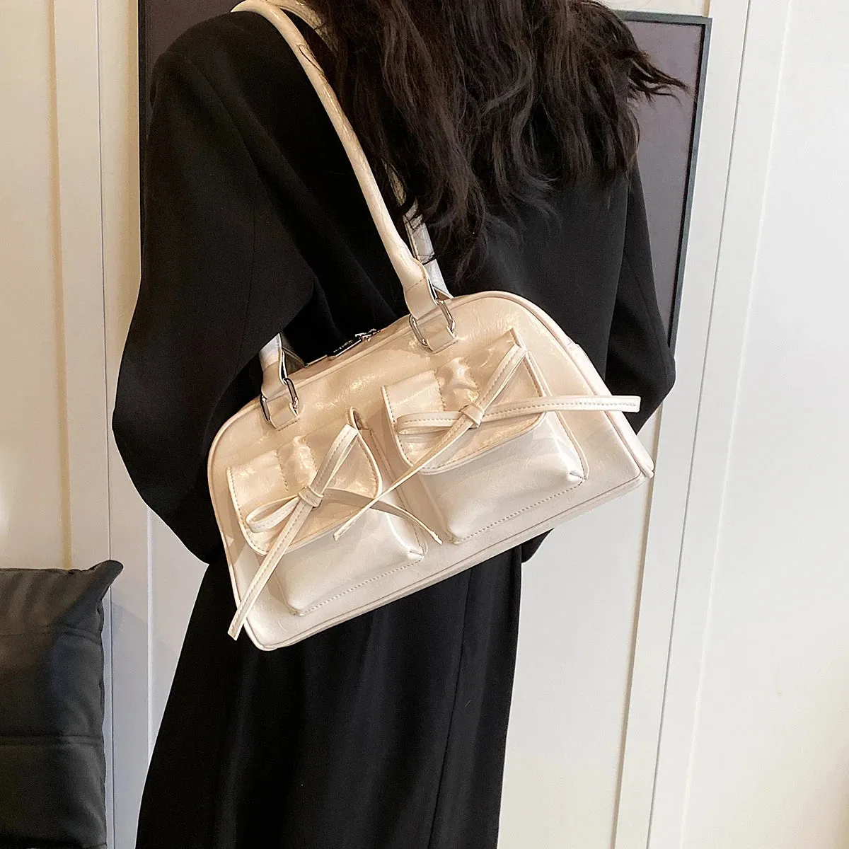 Cute Bow Tie Design Underarm Bags for Women 2024 Y2K Korean Fashion Handbags and Purses Pu Leather Shoulder Bag