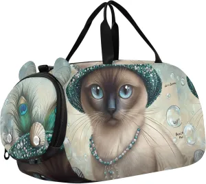 Elegant Siamese Cat Peacock Hat Duffle Bags for Traveling Tote Overnight Weekender Duffel with Shoe Compartment Carry on Duffel Bag Boys