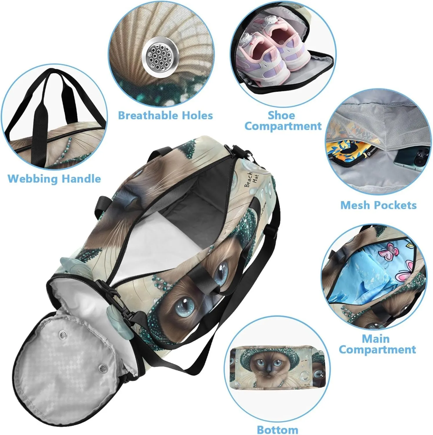Elegant Siamese Cat Peacock Hat Duffle Bags for Traveling Tote Overnight Weekender Duffel with Shoe Compartment Carry on Duffel Bag Boys